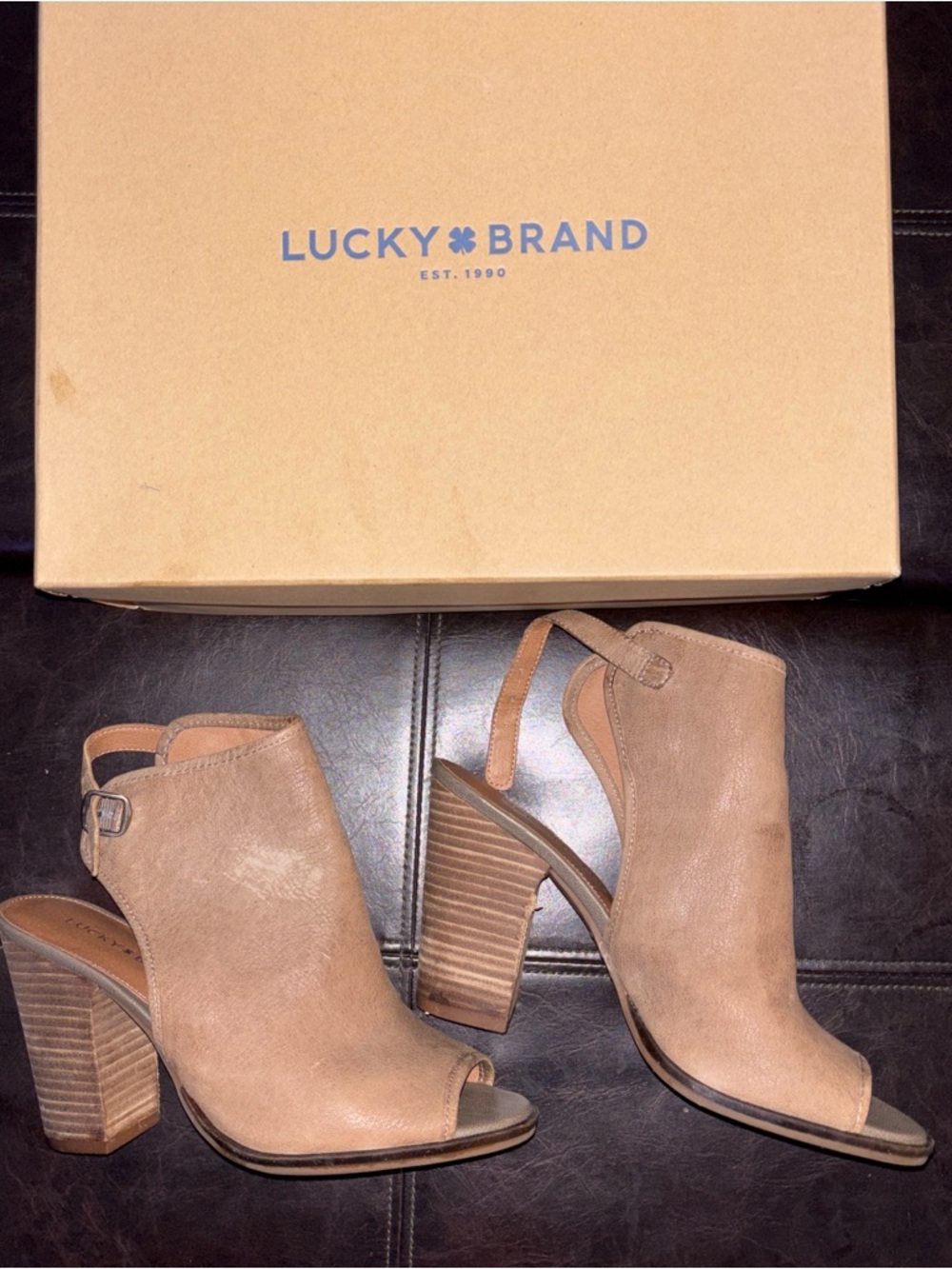 Lucky Brand Taupe Open-Toe Stacked Block Heel Booties